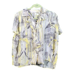 🌸 TanJay Petite  Grey and Yellow Ruffled Sheer Short Sleeve Blouse p2p 29”